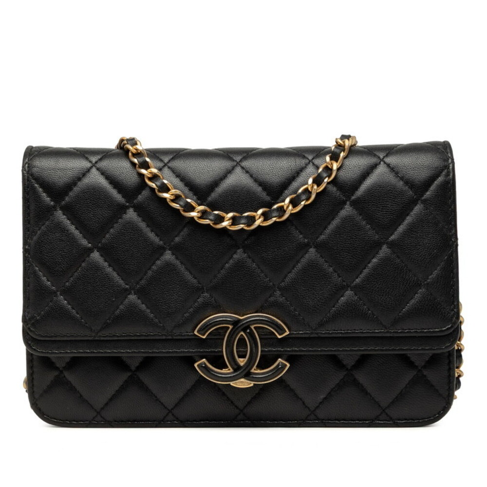 Chanel Coco Mark Matelassé Chain Wallet Shoulder Bag Black Gold Lambskin Wome...